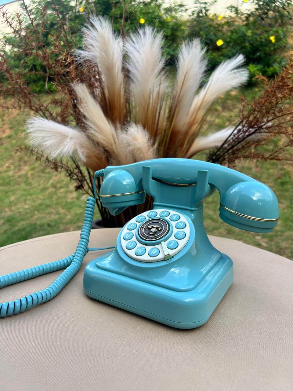 Telefone vintage azul GravaFone para audio guestbook